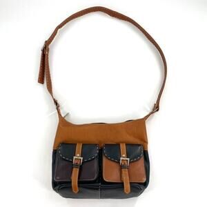 Laviva Leather Shoulder Bag Brown Black Front Pocket Adjustable Strap Whipstitch